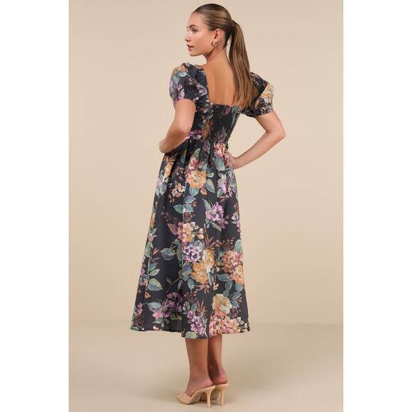 NWT Lulus Adorable Tendencies Dark Grey Floral Puff Sleeve Midi Dress Party XL - Picture 3 of 9